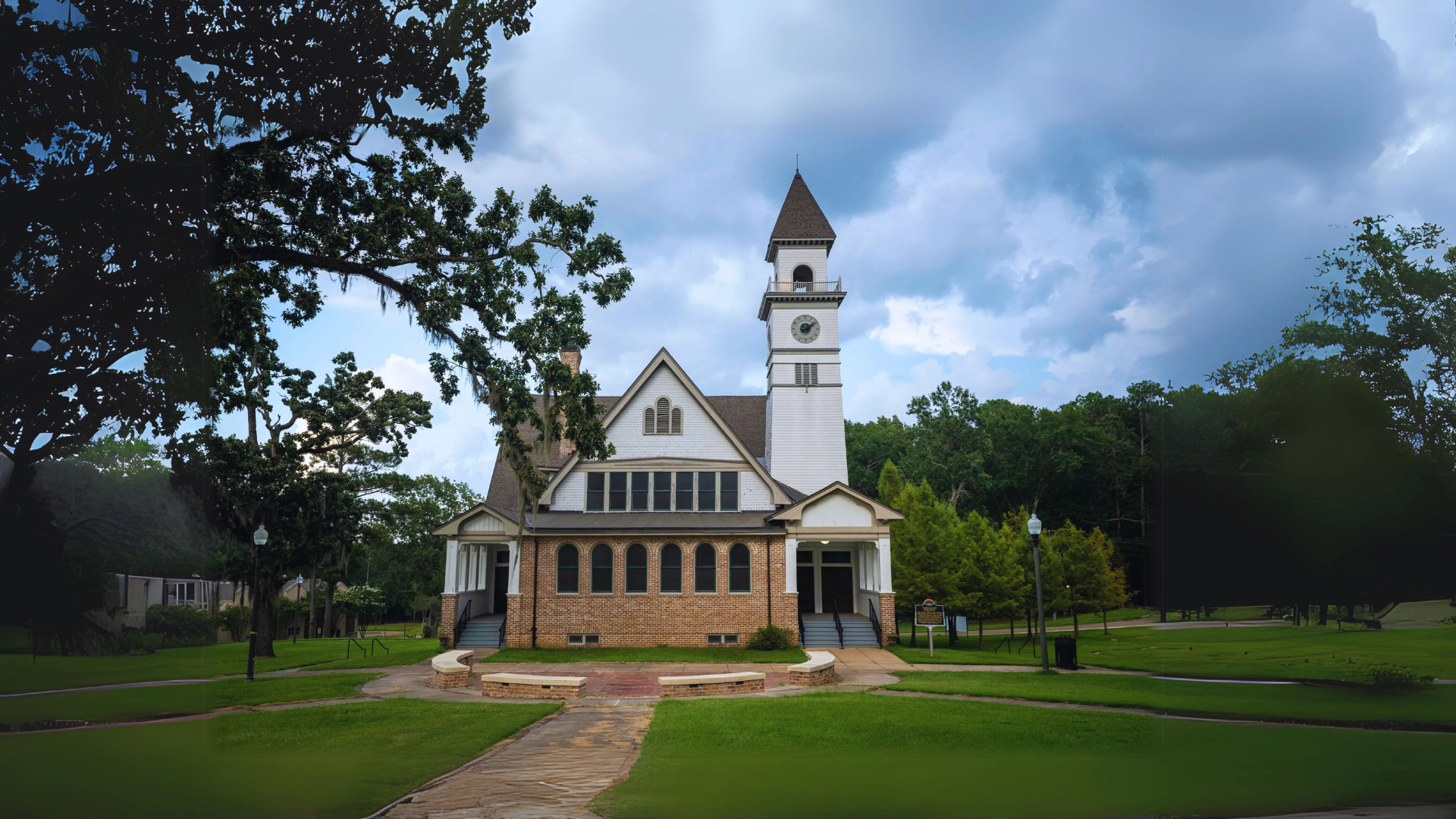 Frank G. Woodworth Chapel with distinctive bell tower and colonial architecture