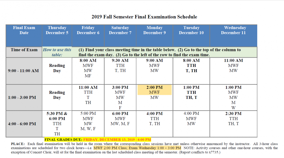 2019 Tougaloo Final Exam Schedule