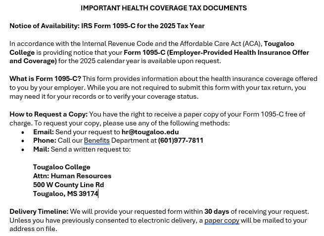 Notice of Availability: IRS Form 1095-C for the 2025 Tax Year